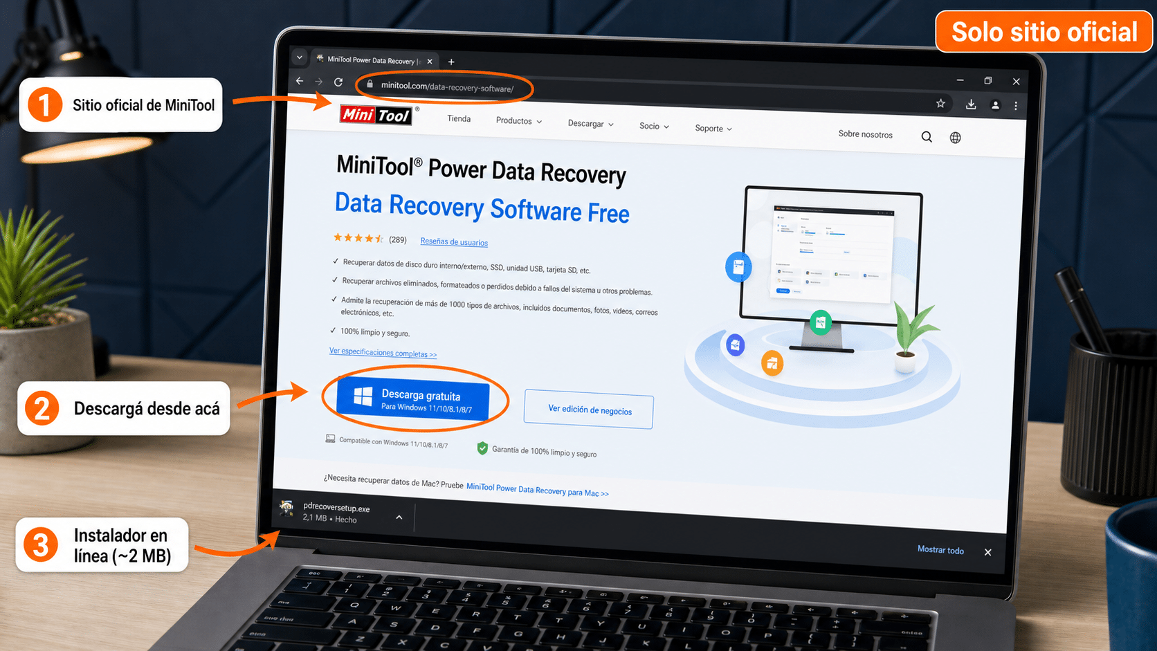 Sitio oficial de MiniTool con el botón para descargar Power Data Recovery