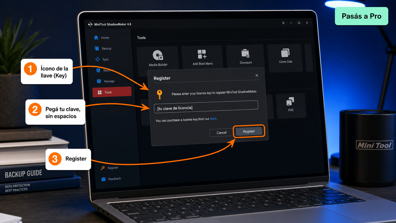 Ventana de registro de MiniTool ShadowMaker para pegar la clave de licencia