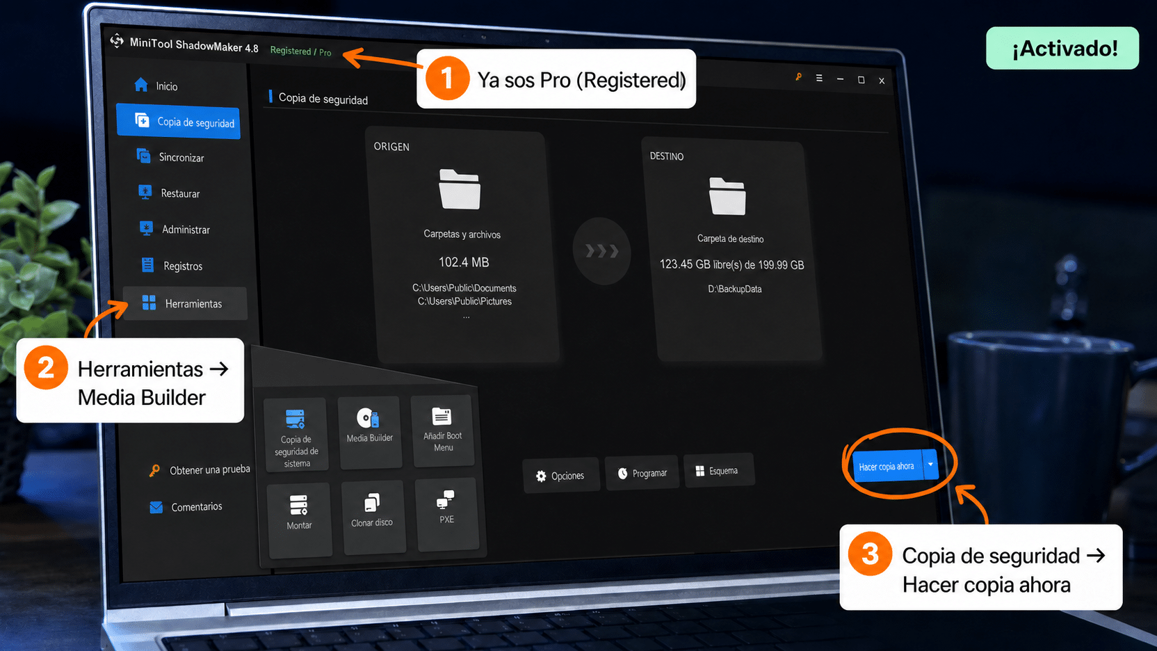 MiniTool ShadowMaker mostrando la edición Pro registrada y la herramienta Media Builder