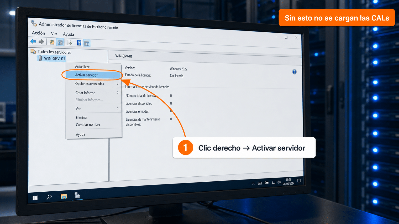 Administrador de licencias de Escritorio remoto con la opción Activar servidor