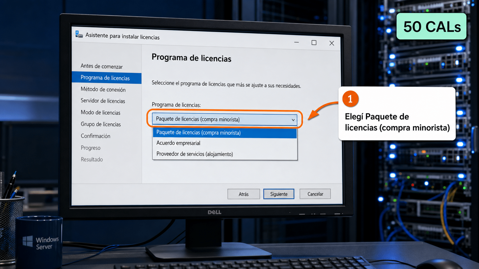 Asistente para instalar licencias con Paquete de licencias compra minorista seleccionado