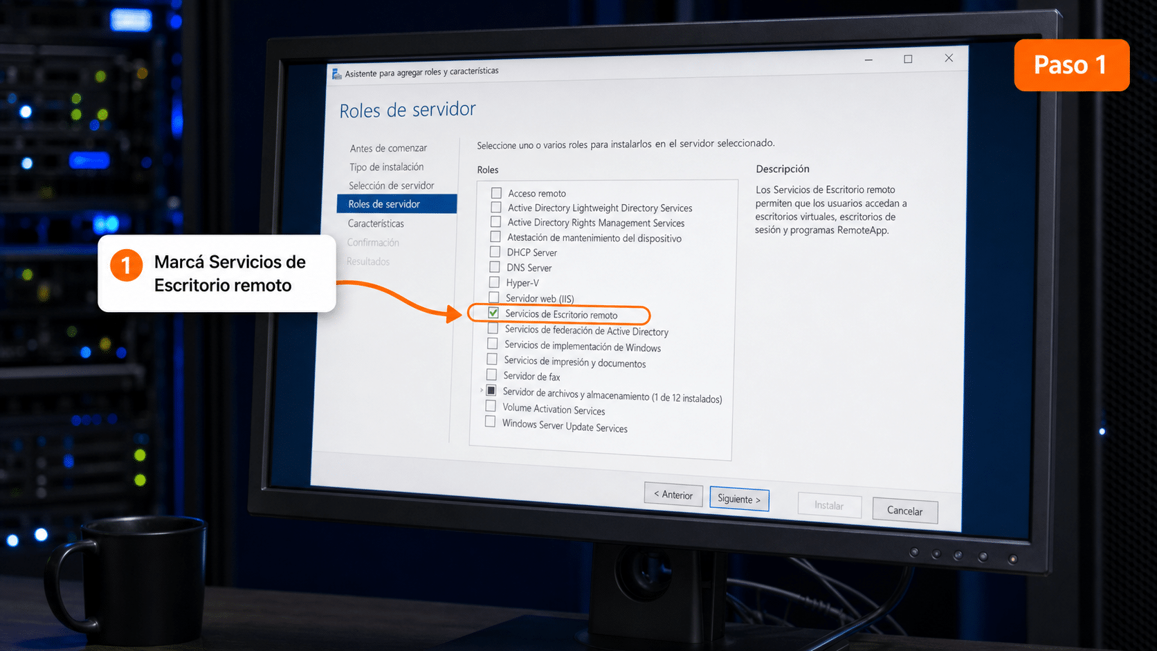 Asistente de Windows Server con el rol Servicios de Escritorio remoto tildado