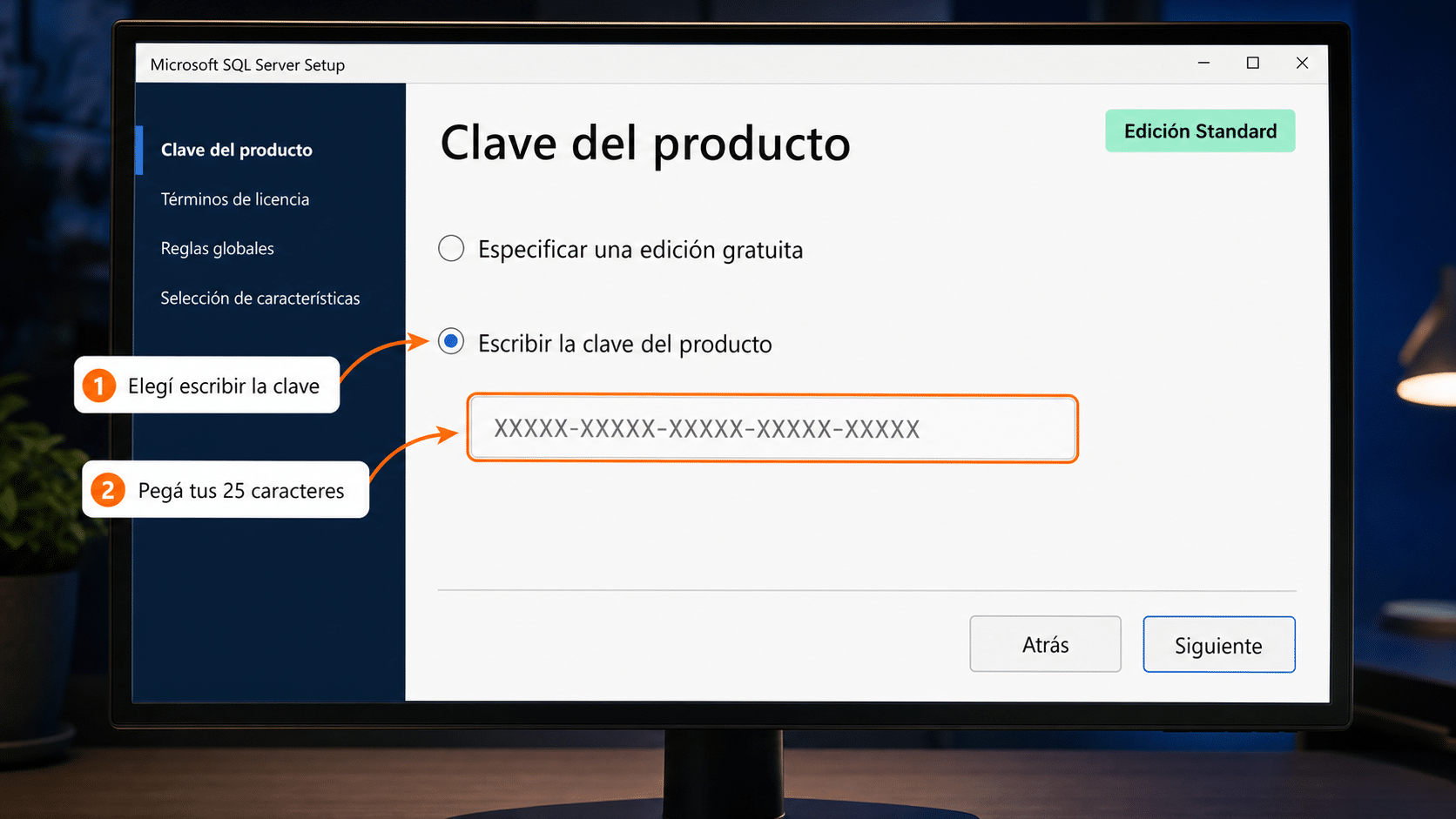 Pantalla Clave del producto del instalador de SQL Server para ingresar la licencia