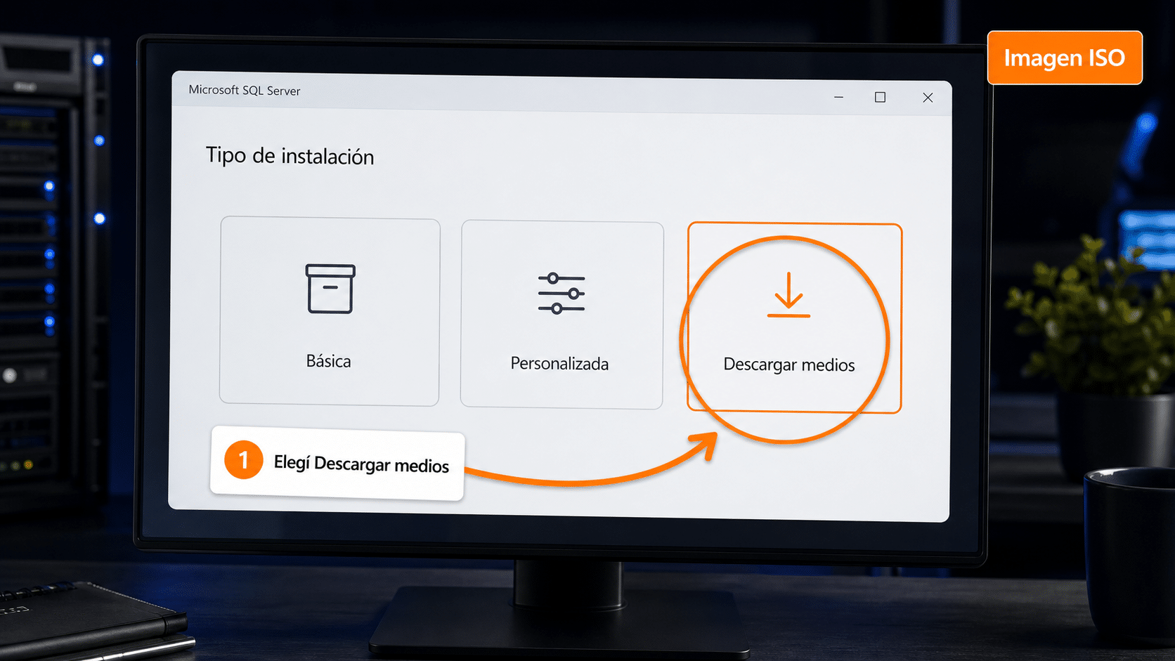 Instalador de SQL Server con la opción Descargar medios seleccionada