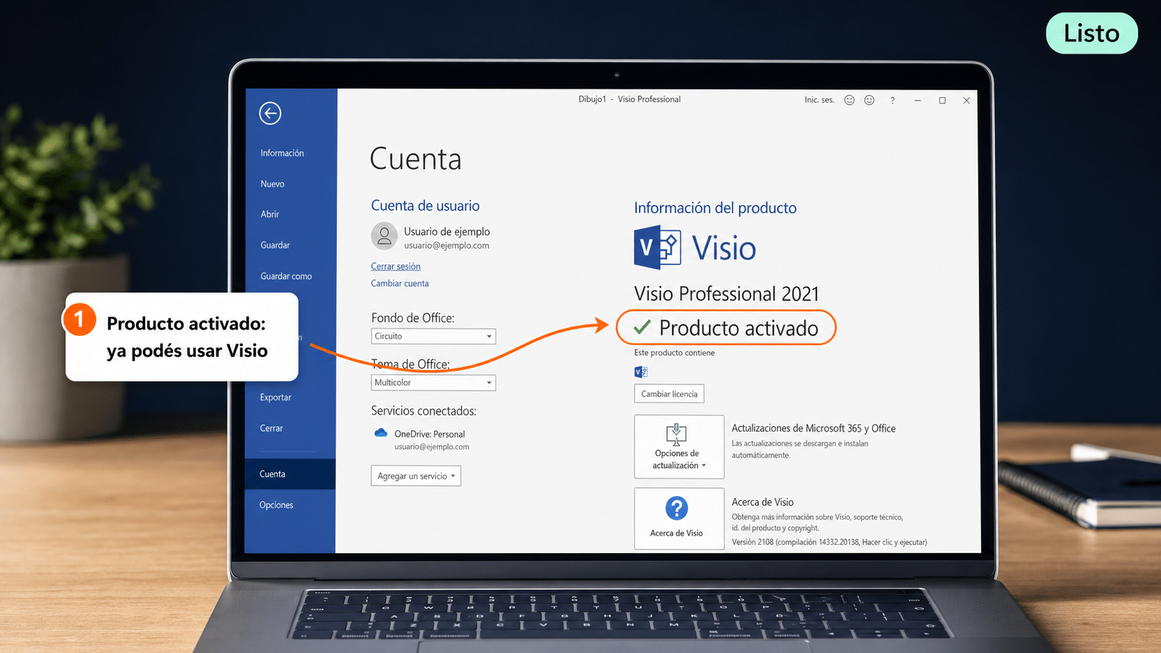 Microsoft Visio mostrando Producto activado en Archivo Cuenta
