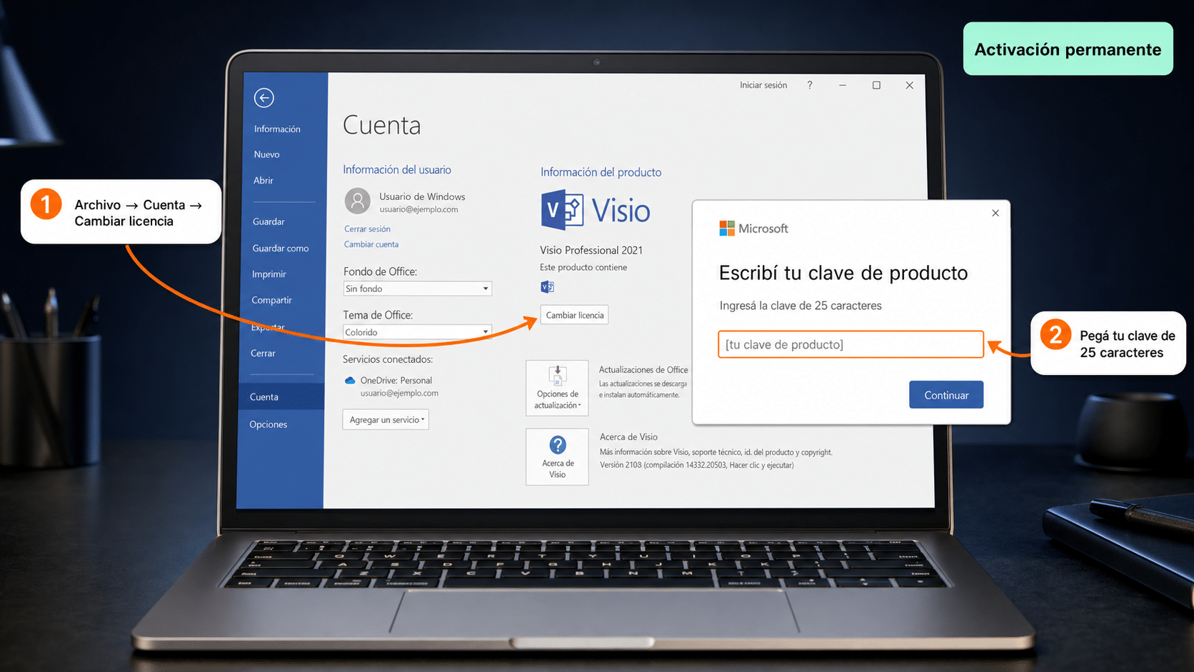 Archivo Cuenta de Visio con Cambiar licencia y el cuadro para escribir la clave de producto