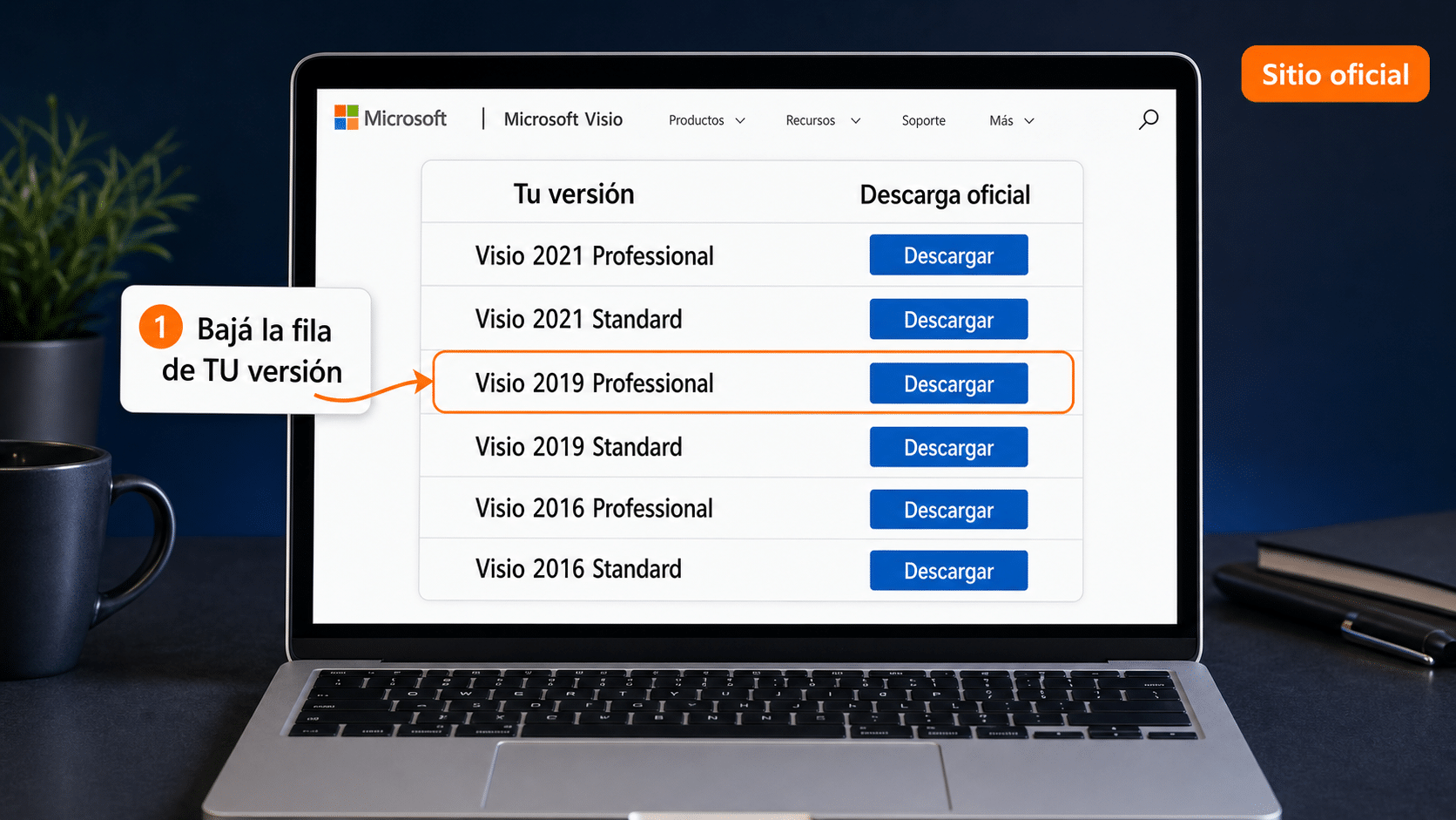 Tabla de descarga de Microsoft Visio por versión: 2021, 2019 y 2016, Standard y Professional