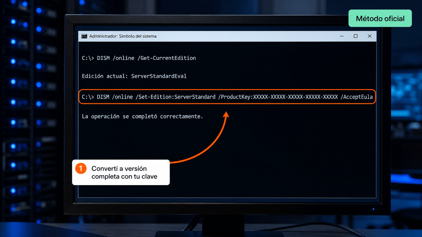 Consola de administrador con el comando DISM Set-Edition para activar Windows Server