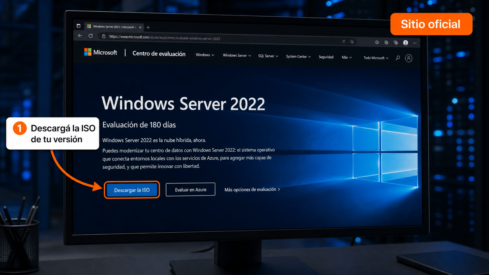 Centro de evaluación de Microsoft para descargar la ISO de Windows Server