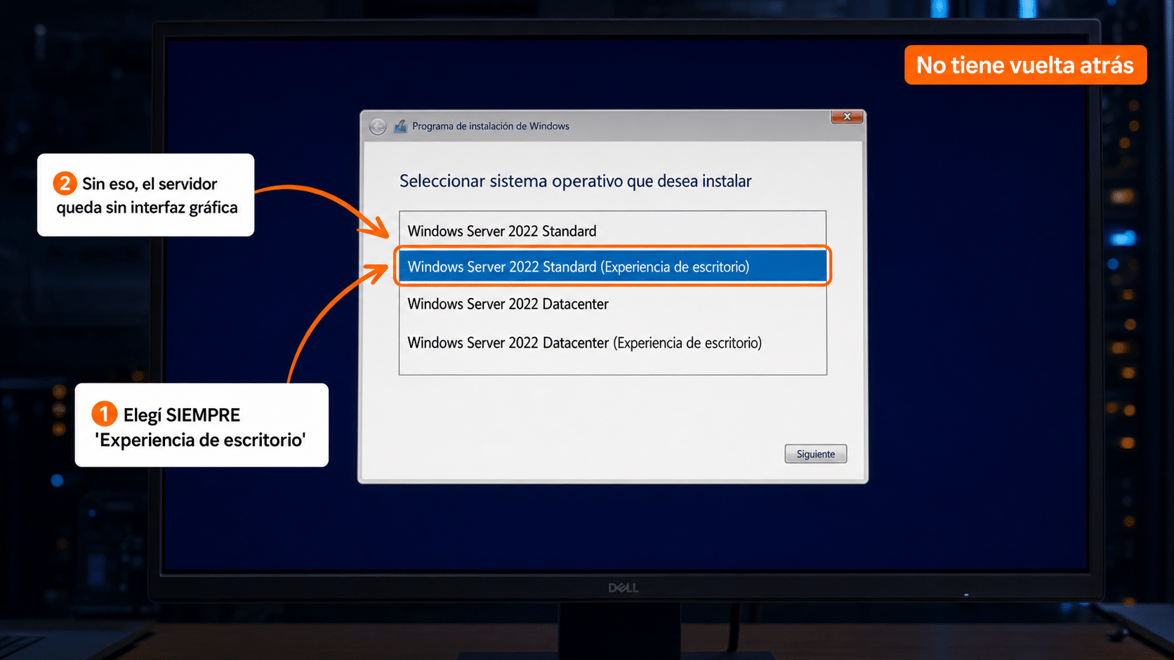 Instalador de Windows Server con la edición Experiencia de escritorio seleccionada