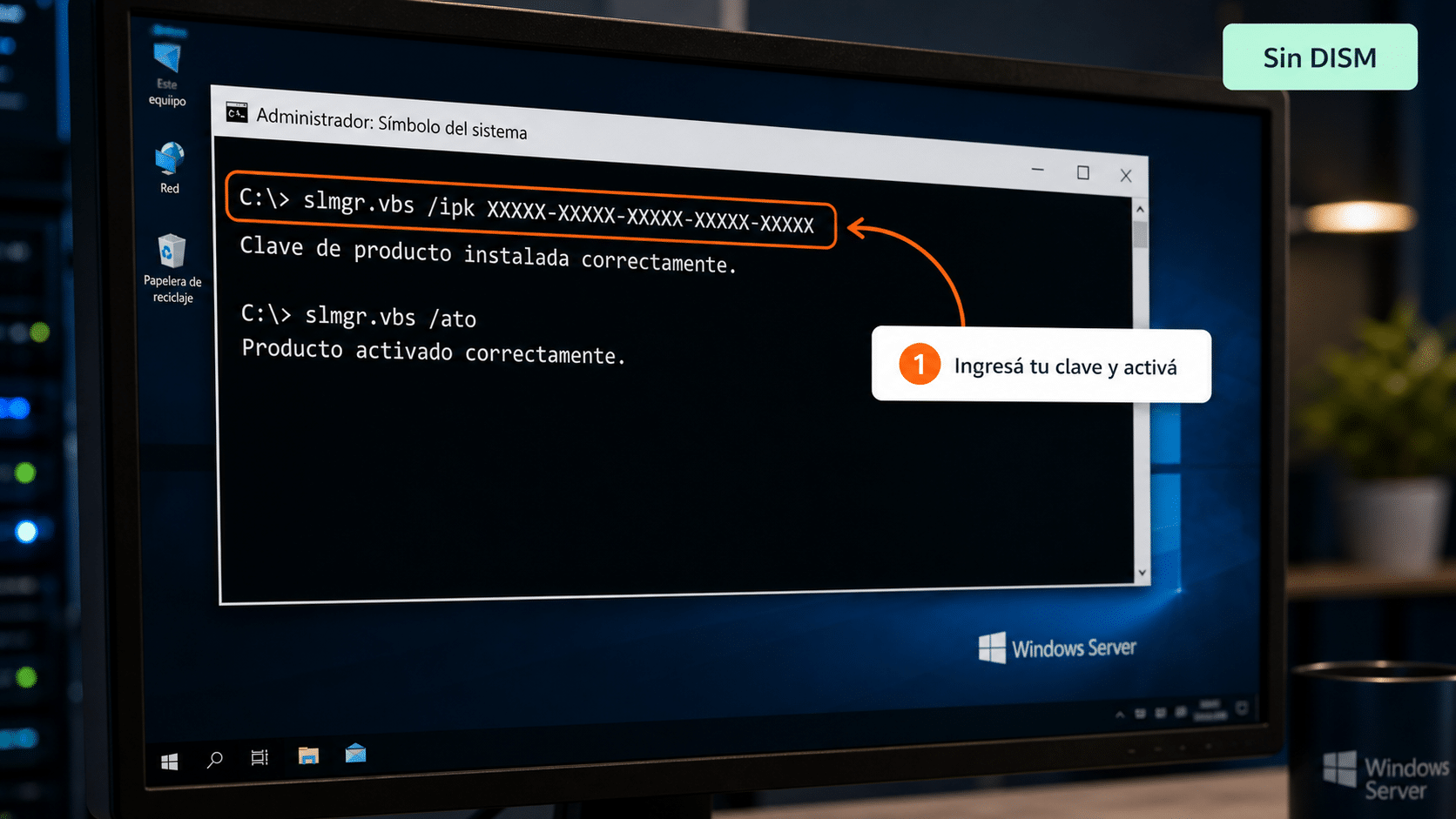 Consola con los comandos slmgr para activar Windows Server Essentials