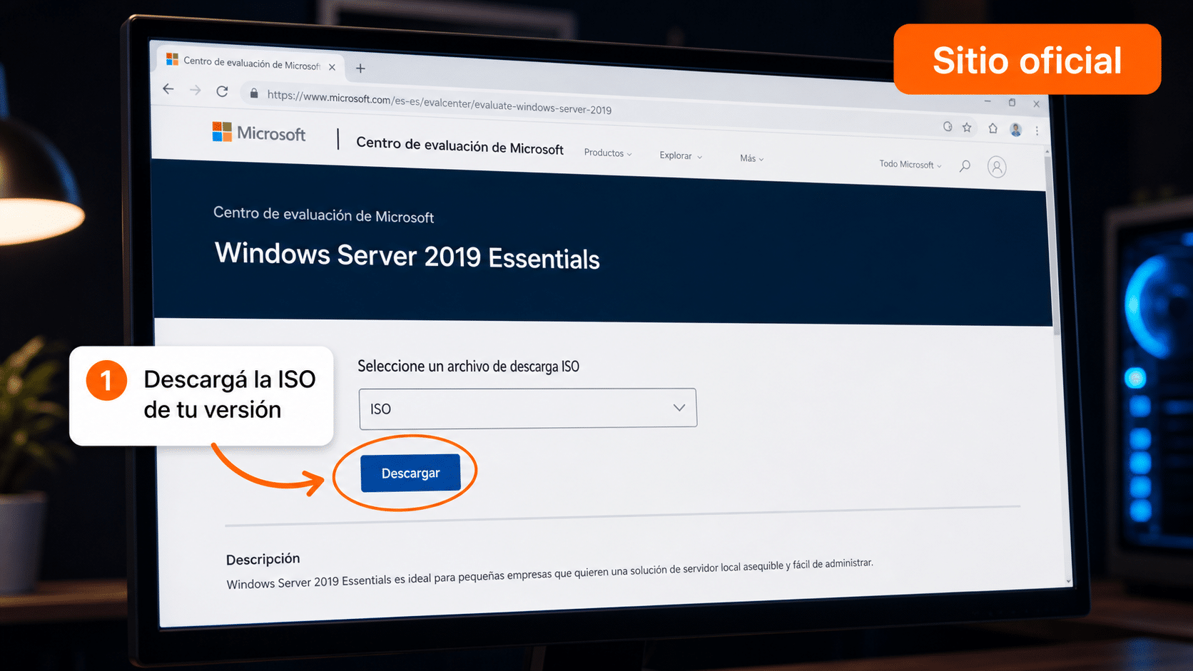 Centro de evaluación de Microsoft para descargar Windows Server Essentials