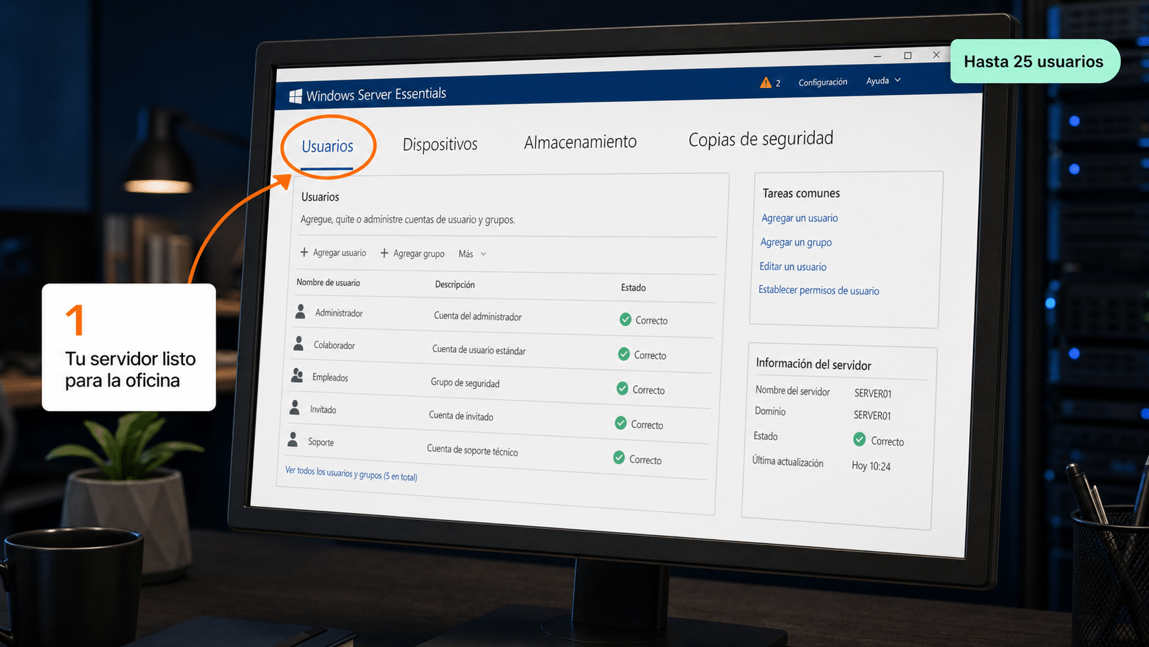 Panel de administración de Windows Server Essentials con usuarios y copias de seguridad