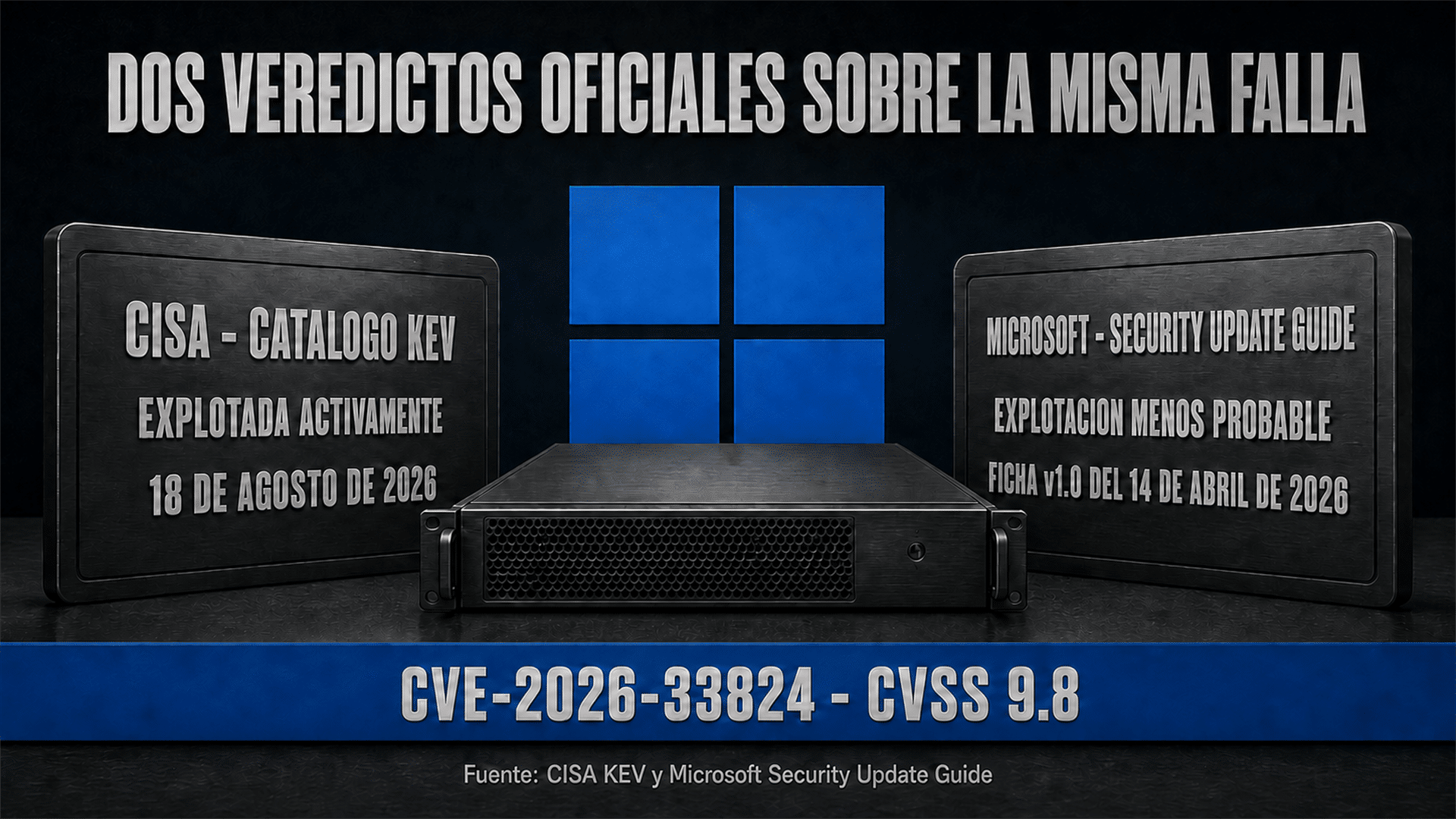 Ilustración conceptual de dos veredictos oficiales opuestos sobre una misma falla crítica de Windows