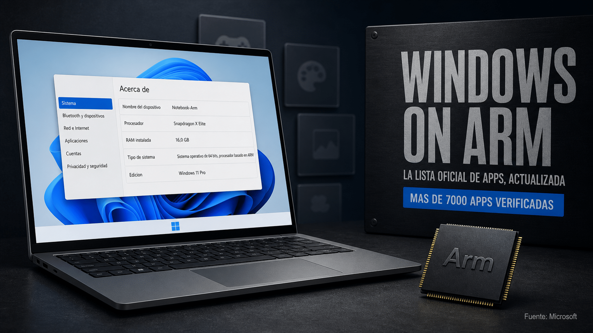 Arte editorial sobre el catálogo de aplicaciones para PC con Windows y arquitectura Arm, con una notebook liviana y fichas de programas