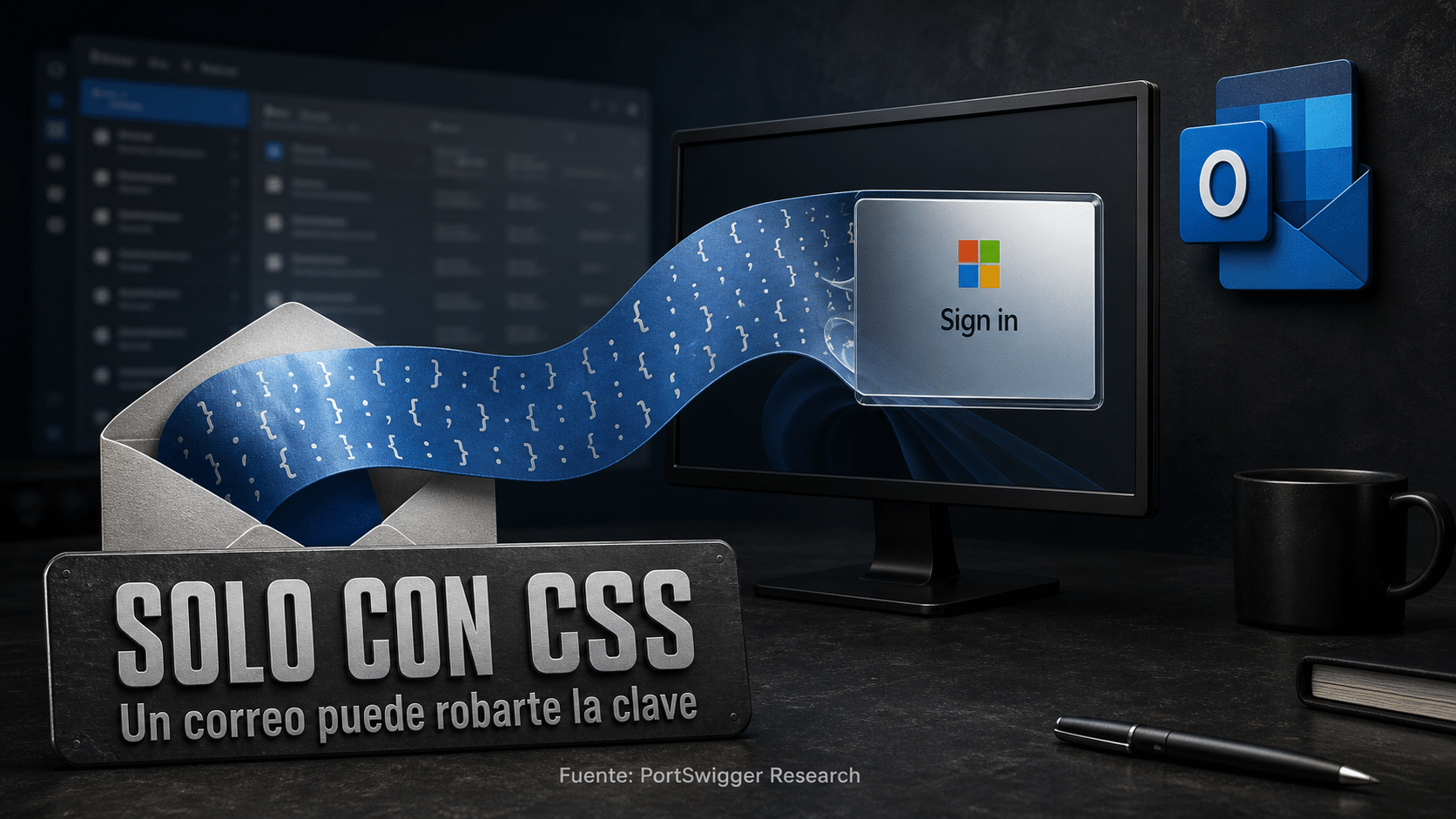 Ilustración editorial: sobre de correo abierto del que sale código CSS hacia una pantalla de inicio de sesión clonada