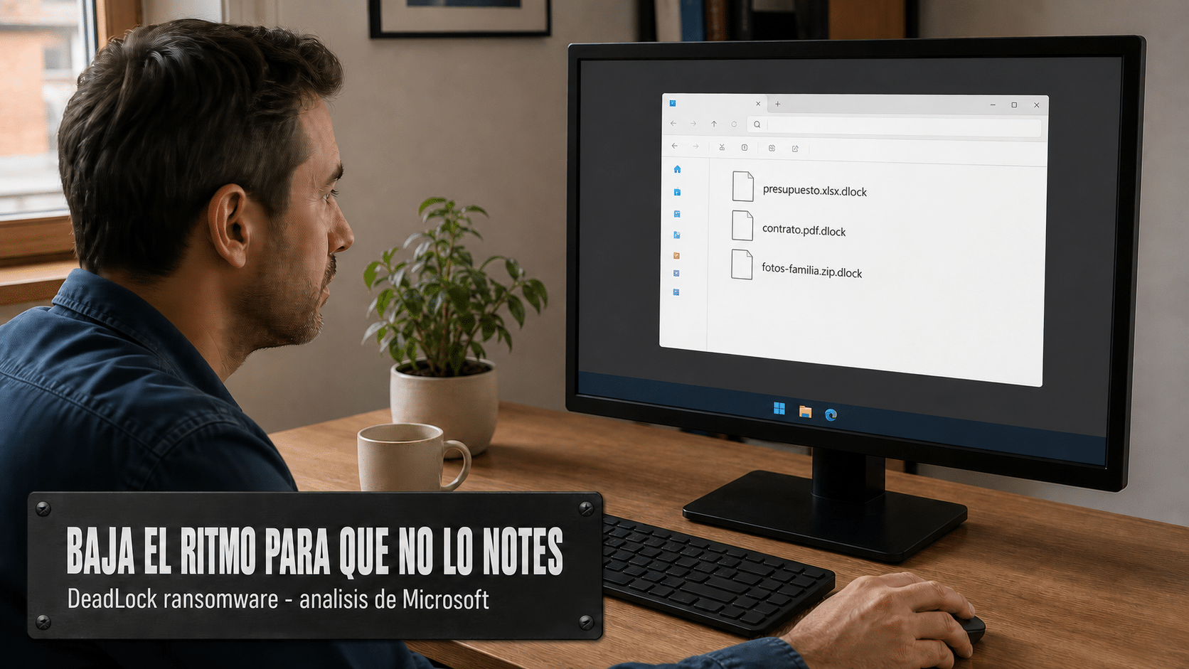 Concepto de un ataque de ransomware avanzando en silencio sobre una computadora de oficina