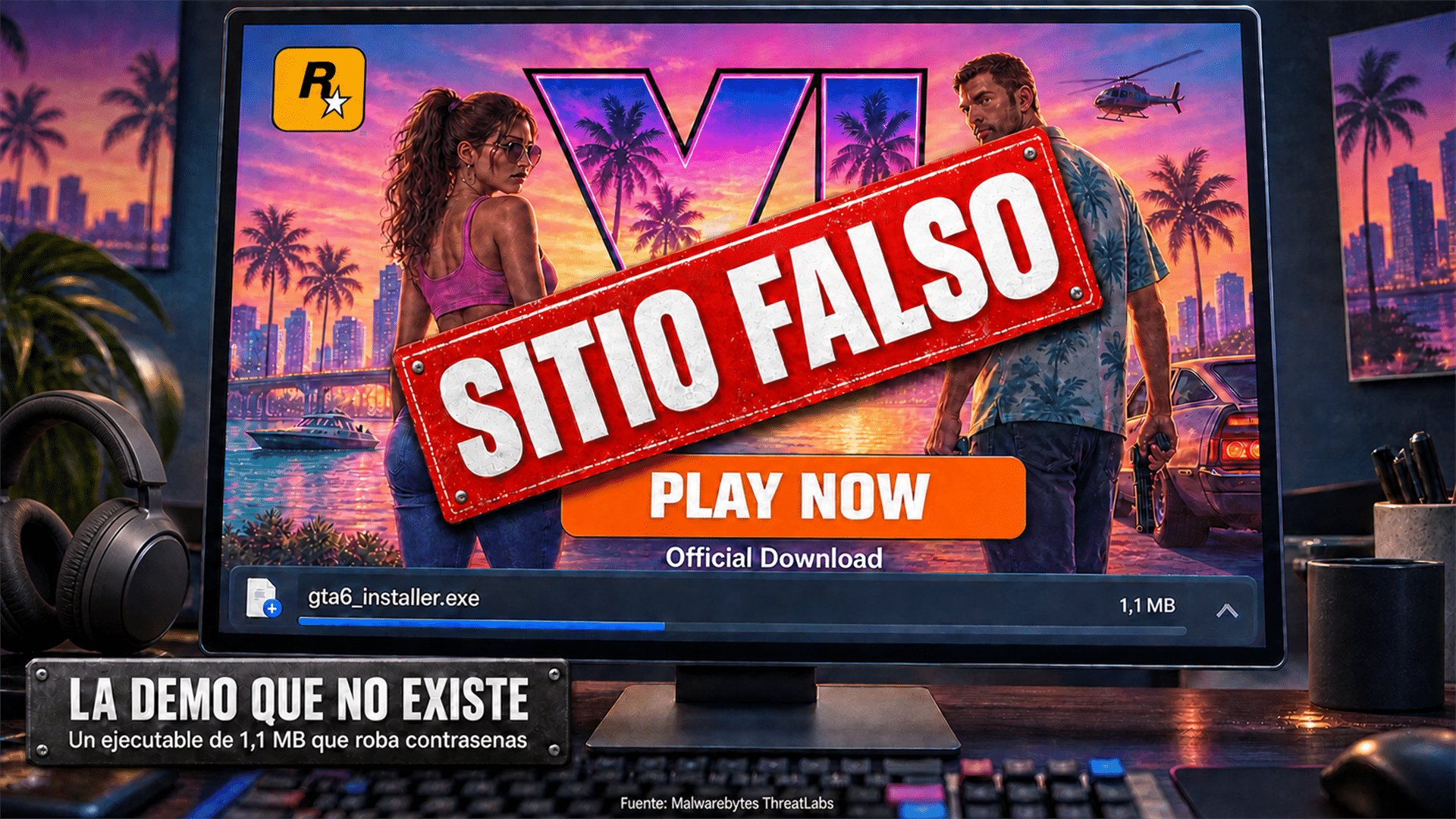 Ilustración editorial de una descarga fraudulenta que se hace pasar por un adelanto de un videojuego en una PC gamer