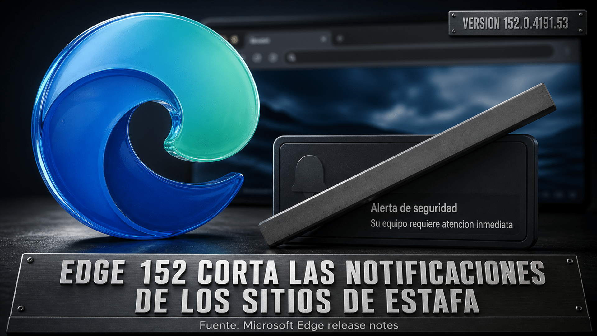 Arte editorial del logotipo de Microsoft Edge junto a una notificación de estafa cancelada por una barra de metal, sobre fondo oscuro