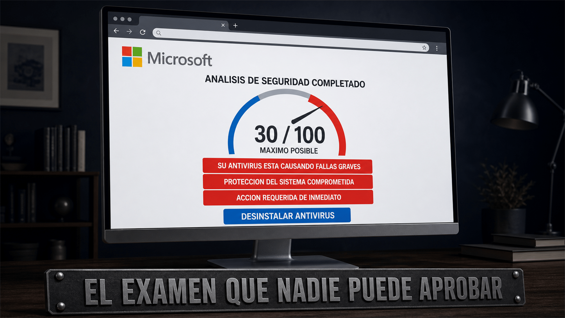 Ilustración editorial de un escaneo de seguridad fraudulento con la marca de Microsoft en la pantalla de un escritorio