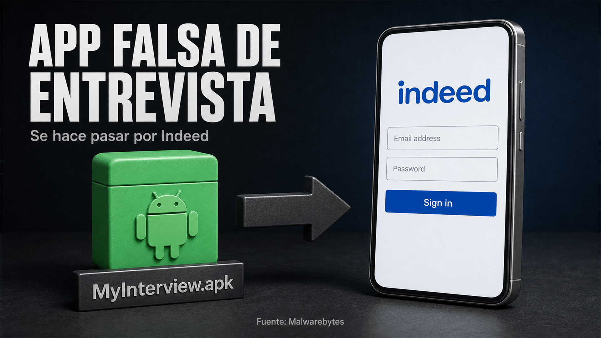 Un archivo APK imitando la pantalla de inicio de sesión de un sitio de empleos en un teléfono Android