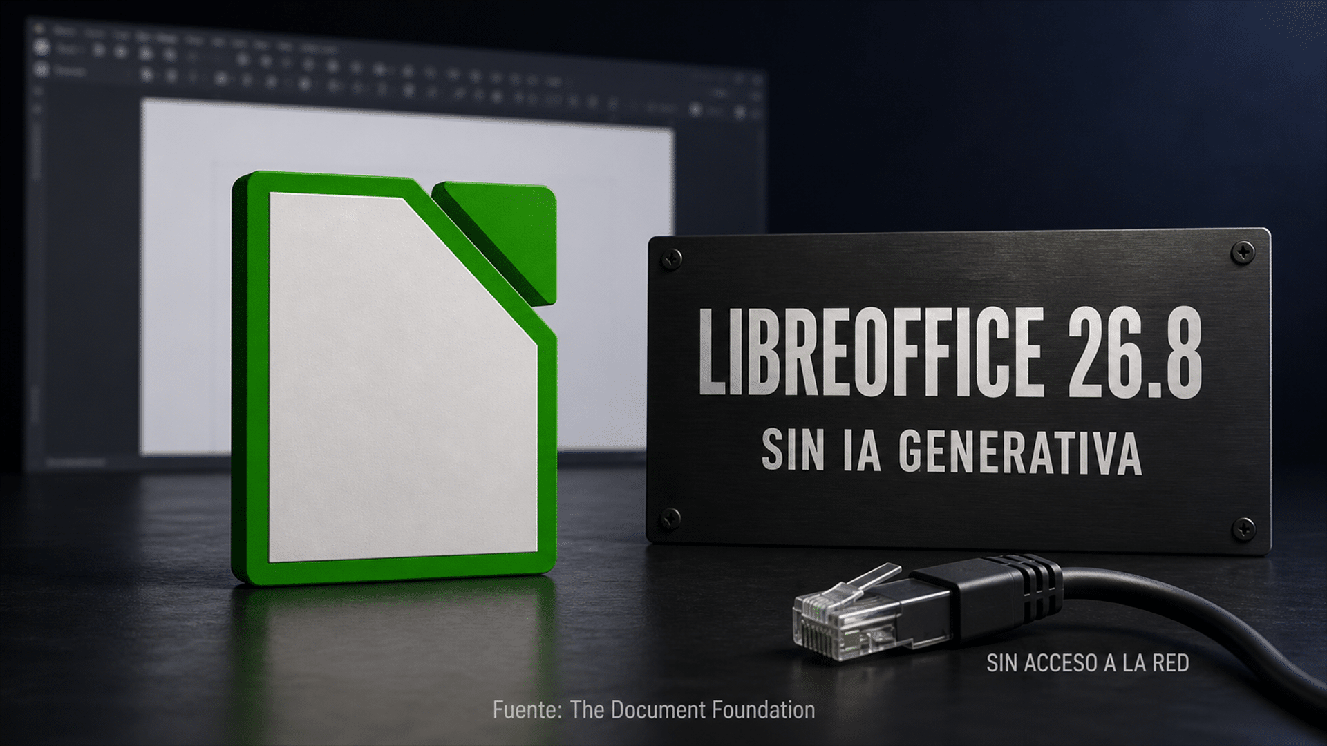 Escritorio con una notebook mostrando una suite de oficina abierta y el cable de red desconectado sobre la mesa