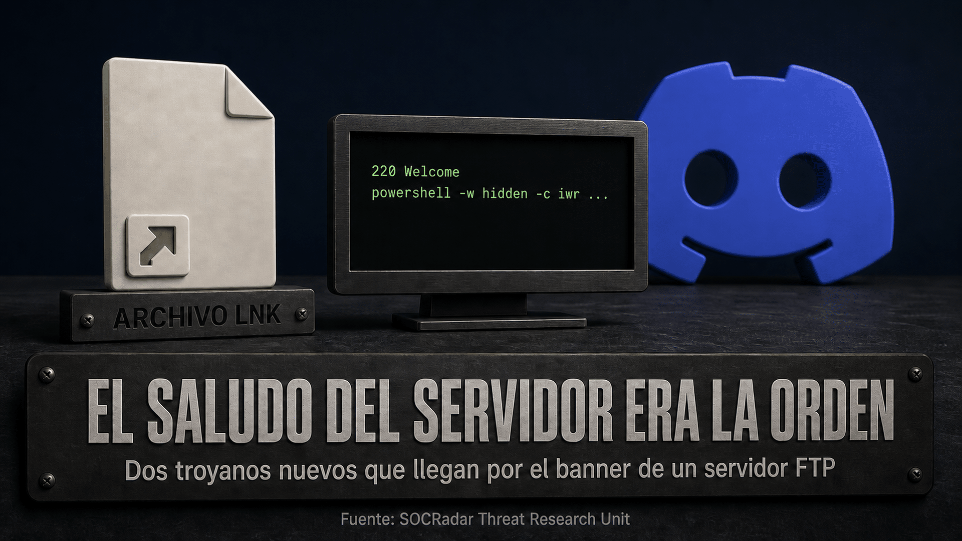 Servidor FTP iluminado en verde respondiendo a un archivo de acceso directo sospechoso que llega por correo