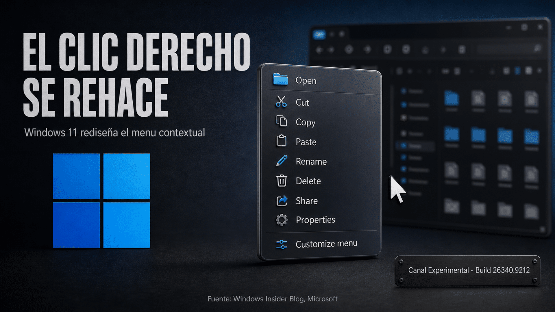Menú de clic derecho de Windows 11 abriéndose sobre un escritorio azul, corto y ordenado