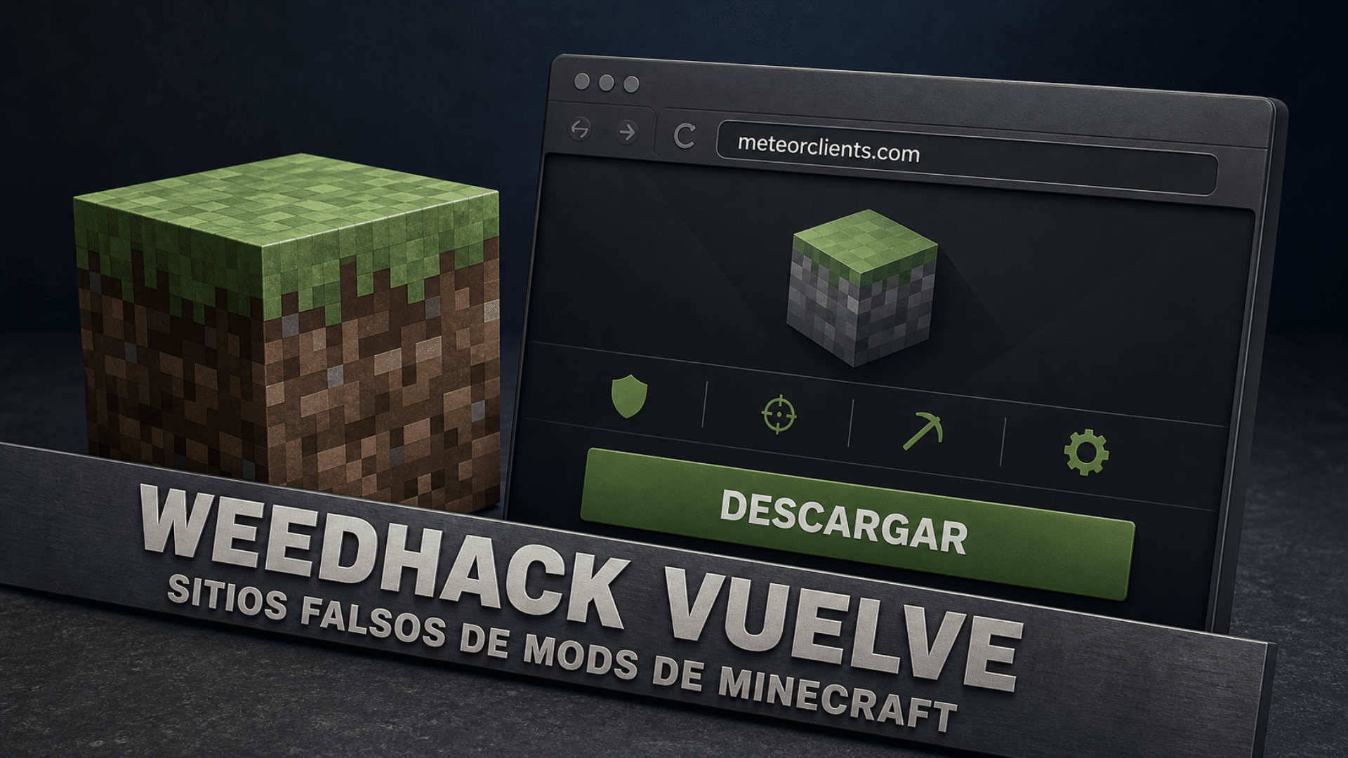 Ilustración editorial de un bloque de Minecraft junto a la ventana de un sitio falso de descarga de mods