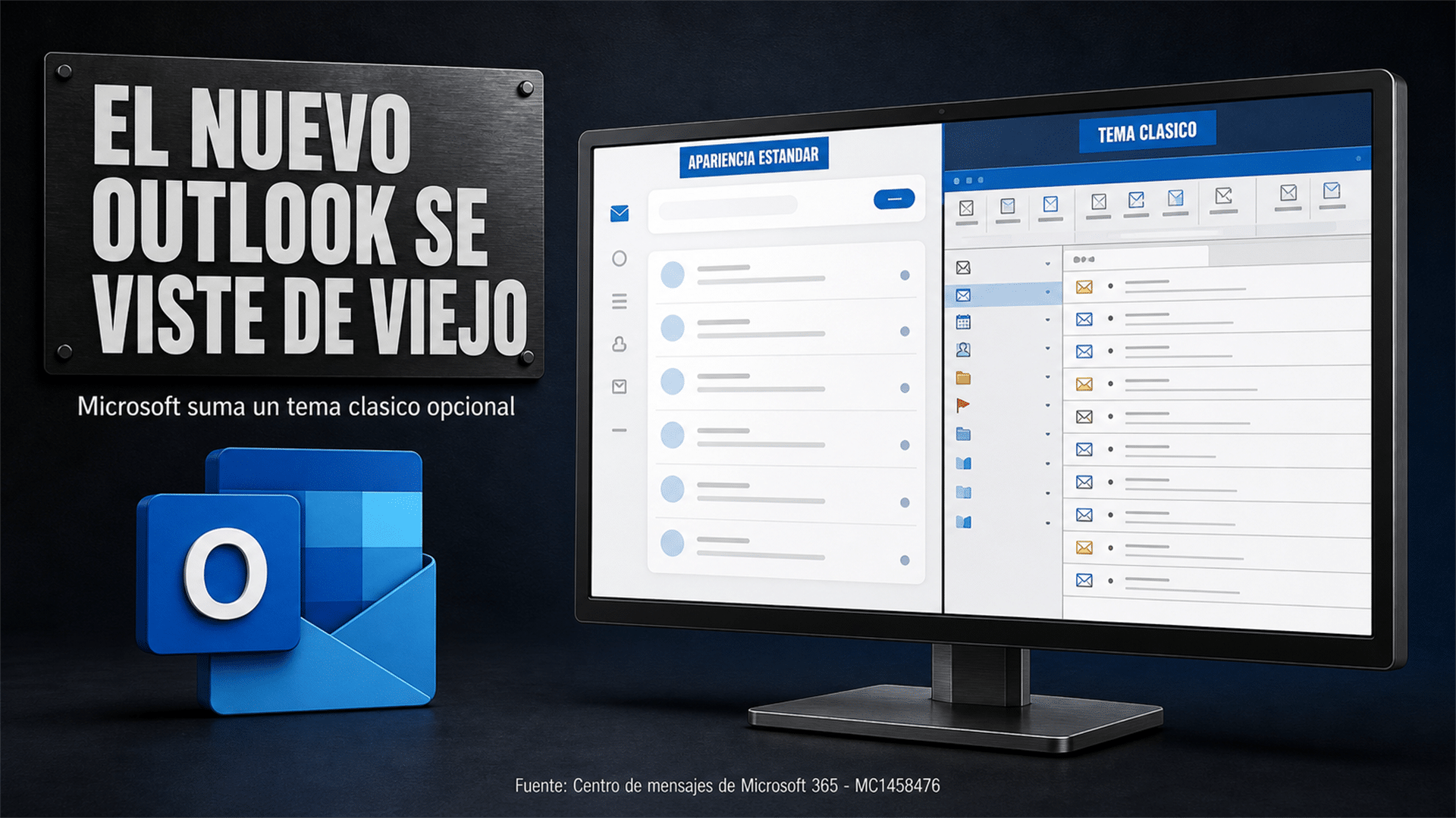 Pantalla de correo de escritorio dividida entre una interfaz moderna y una de aspecto clásico, en una oficina con luz de mañana