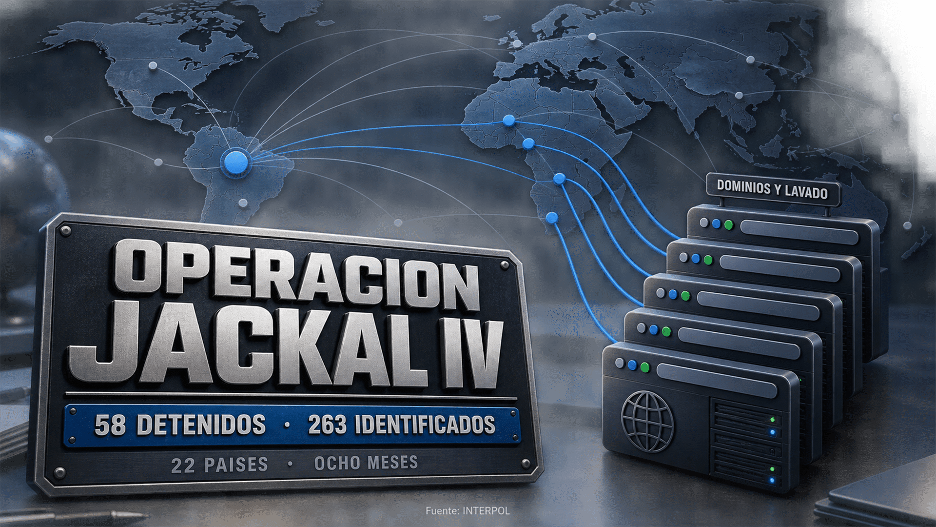 Arte editorial del operativo internacional de INTERPOL contra el fraude de África Occidental, con el mapa y sus cifras principales