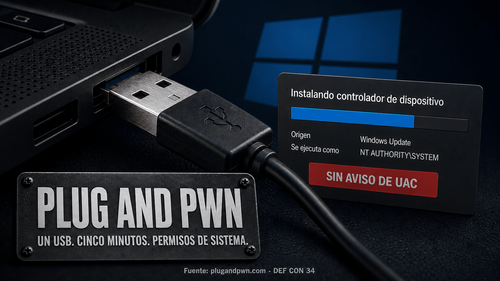 Un dispositivo USB conectado a una computadora con Windows mientras el sistema entrega permisos de administrador total