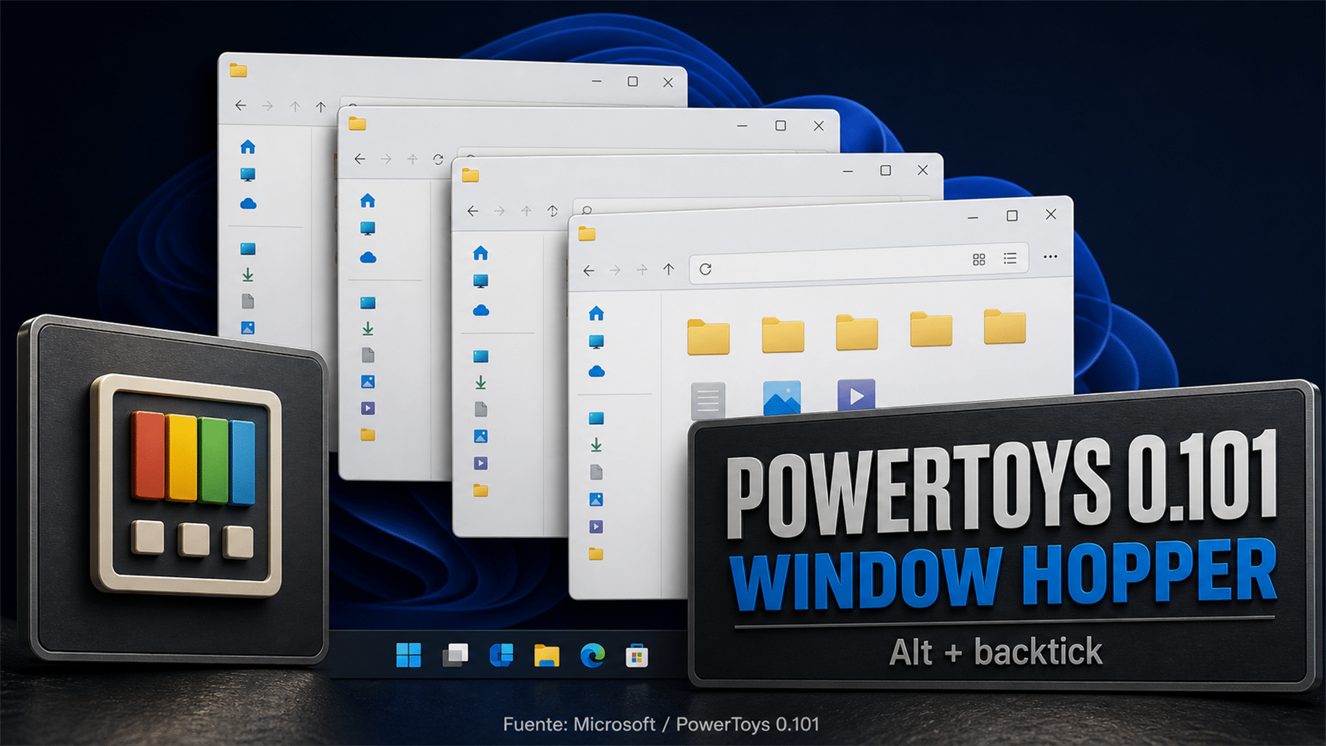 Arte editorial del escritorio de Windows con cuatro ventanas apiladas de la misma aplicación y el logo de PowerToys