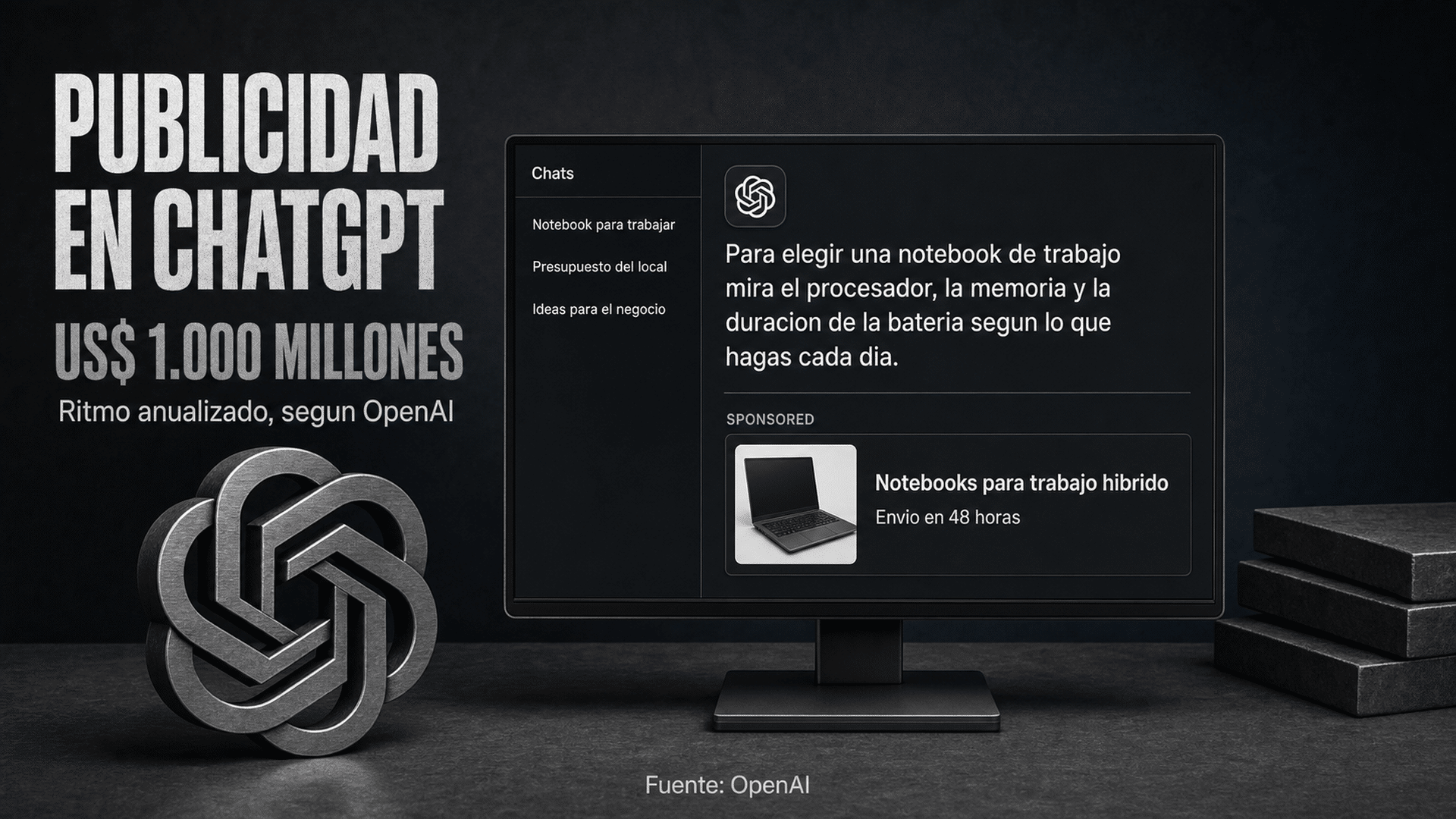 Arte editorial sobre los avisos dentro de ChatGPT: un anuncio patrocinado conviviendo con la respuesta del asistente en una pantalla