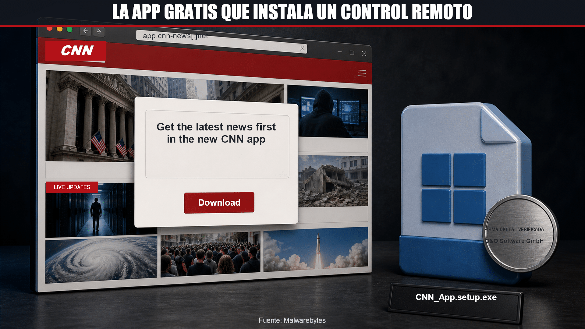 Ilustración de una página de descarga falsa que imita a un medio de noticias y ofrece un instalador para Windows