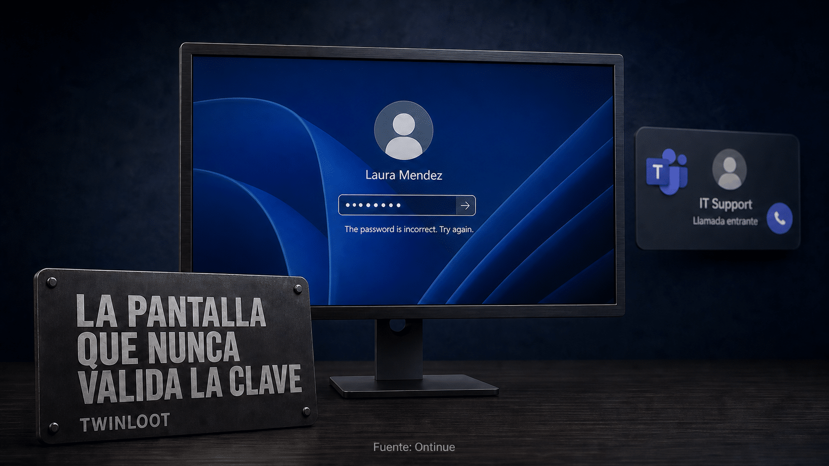 Ilustración de la pantalla de bloqueo falsa de Windows sobre el escritorio de una oficina, con el aviso de contraseña incorrecta