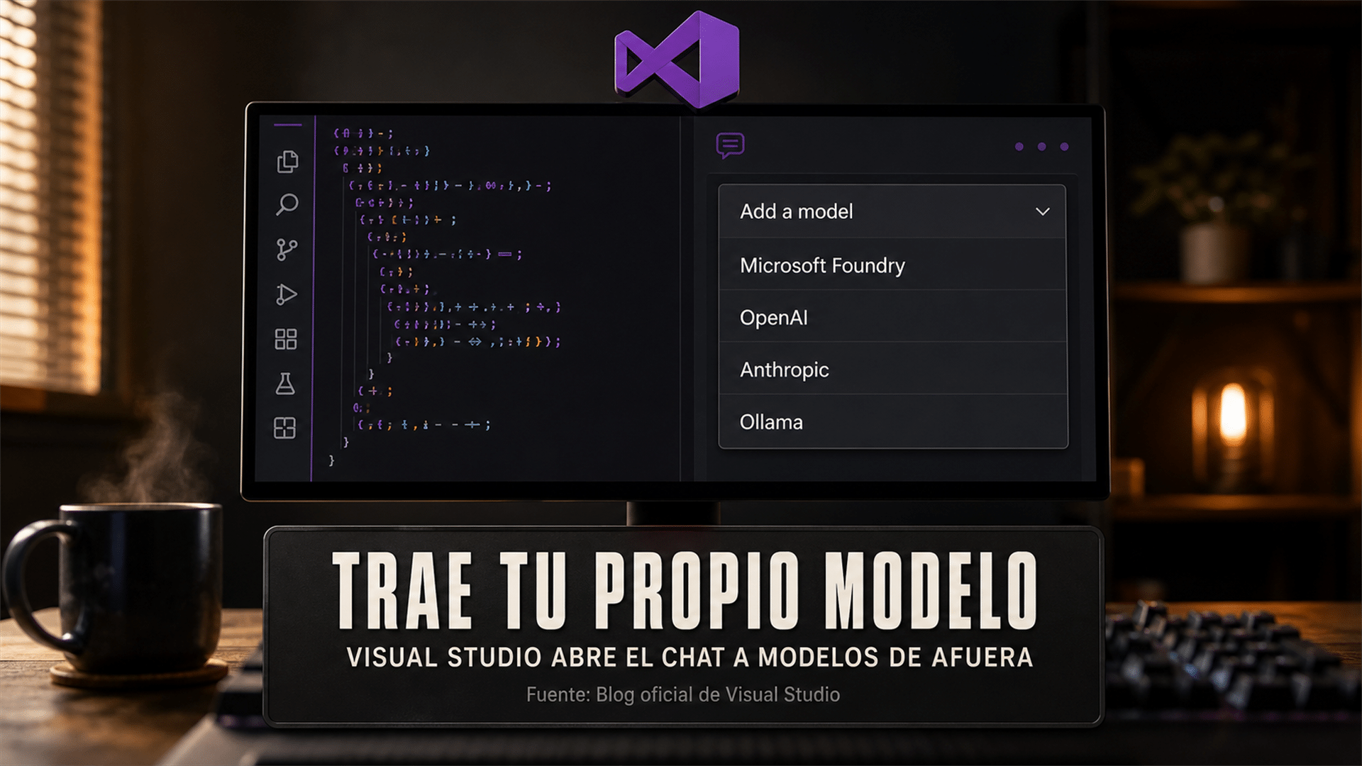Escritorio de programación con dos monitores mostrando código, una taza de café y un teclado mecánico