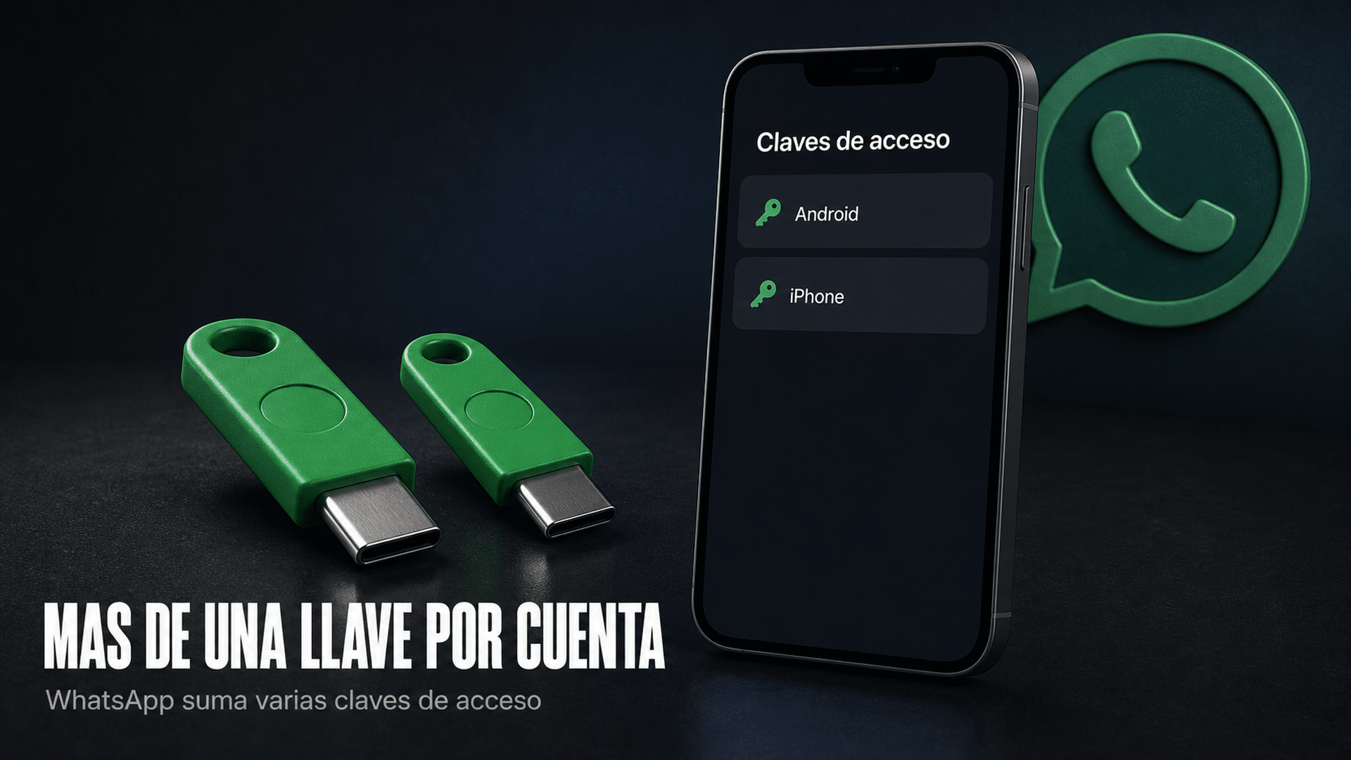 Arte editorial sobre las nuevas funciones de seguridad de las cuentas de WhatsApp, con una llave digital y la pantalla de ajustes