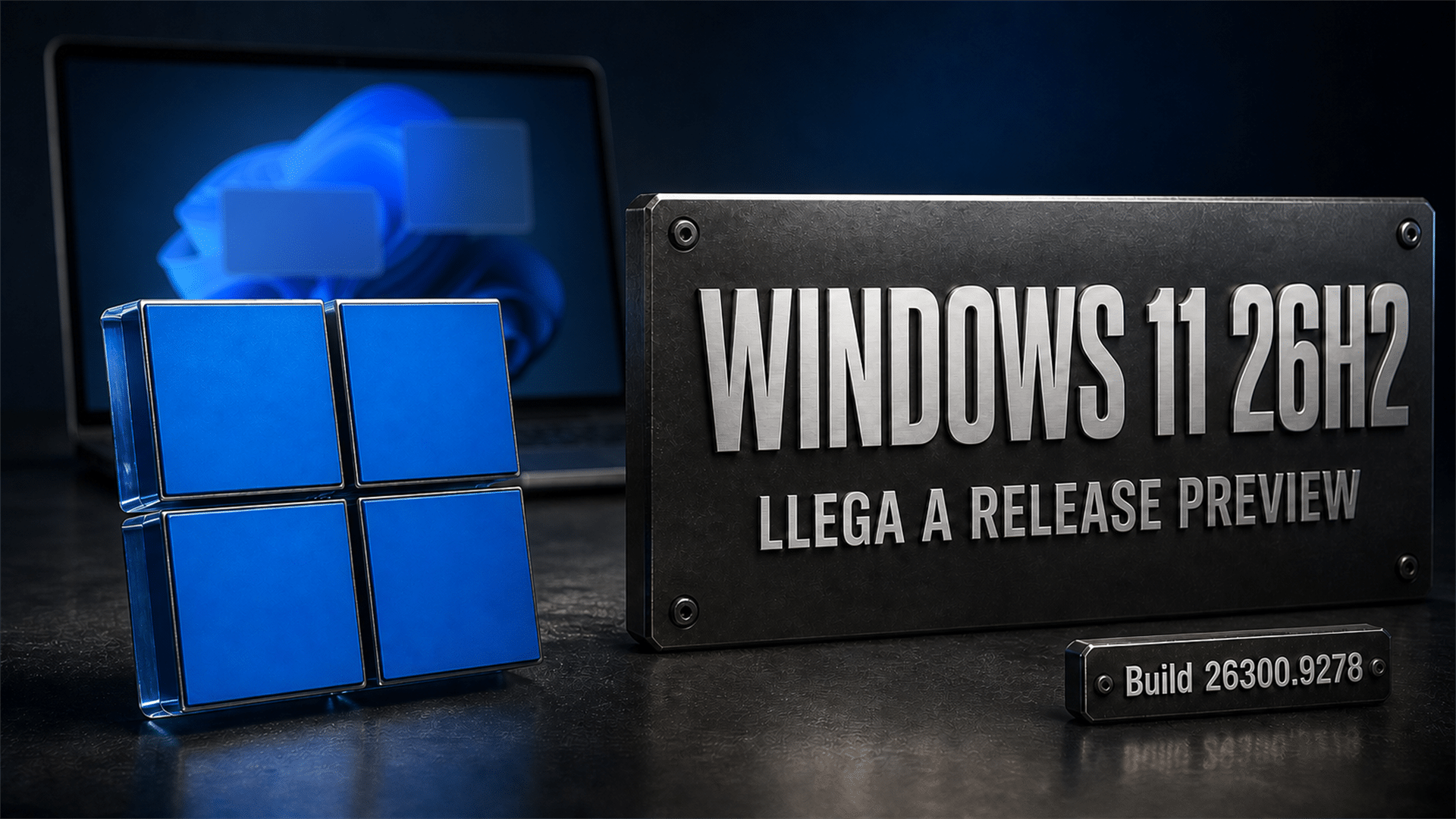 Arte editorial de la actualización anual de Windows llegando al canal de vista previa, con el número de build sobre un fondo oscuro