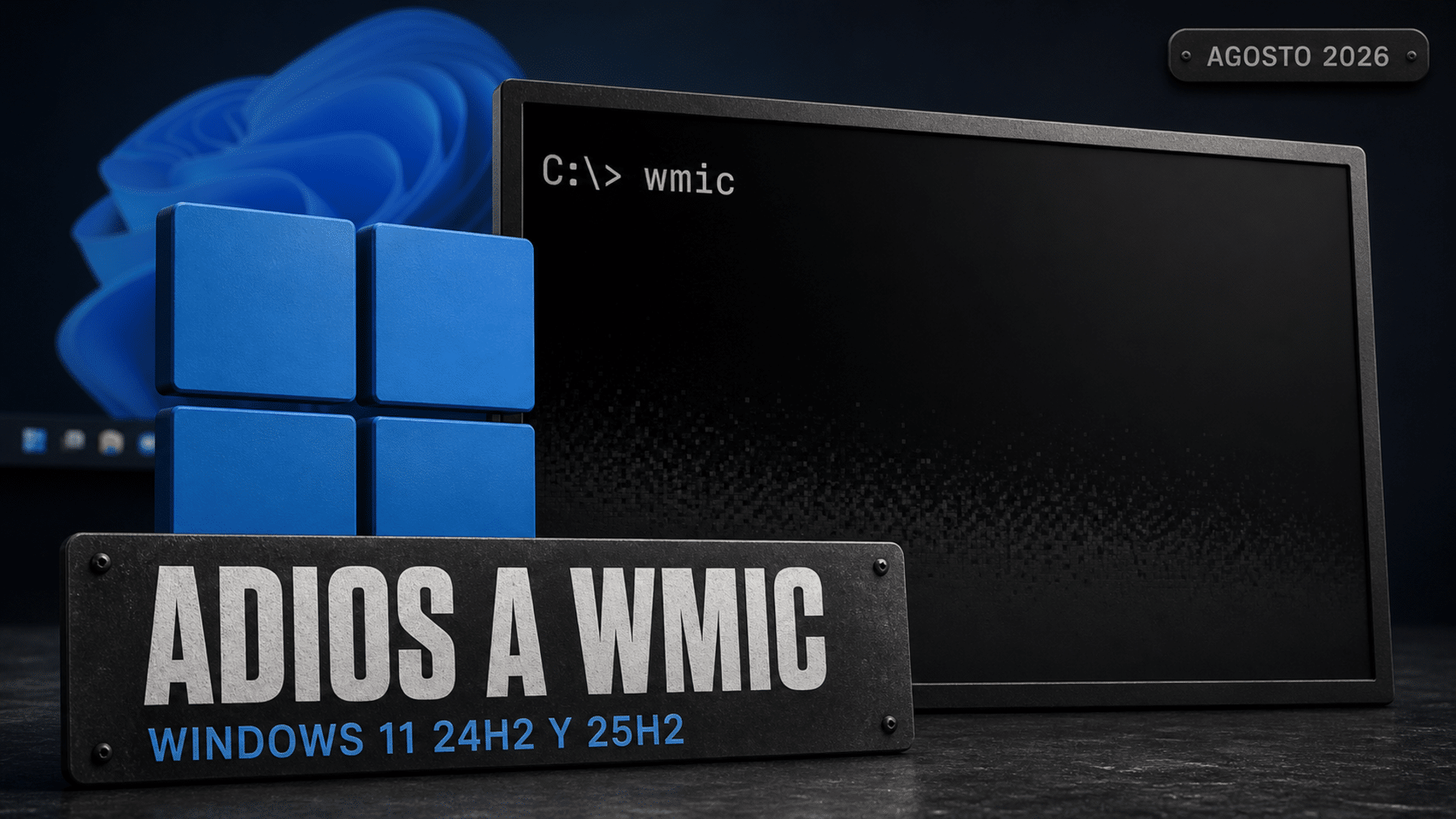 Ventana de línea de comandos de Windows 11 apagándose sobre un escritorio azul, con el sistema activo detrás