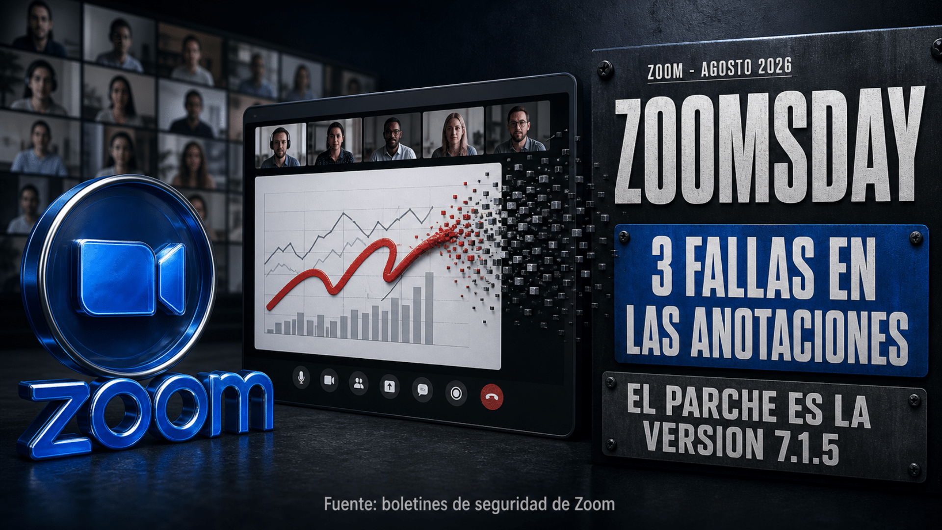 Ilustración de una pantalla compartida de videollamada con una anotación dibujada que se descompone en código