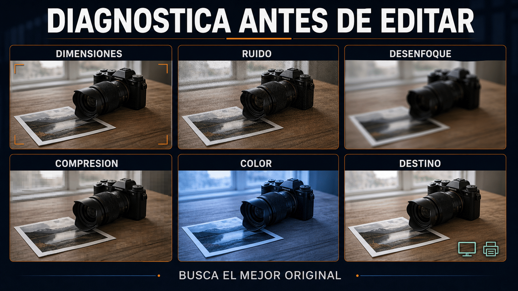 Matriz para diagnosticar resolución, ruido, desenfoque, compresión, color y destino de una foto