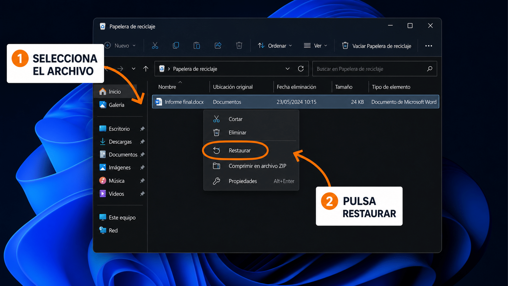 Papelera de reciclaje de Windows con un archivo seleccionado y la opción Restaurar resaltada