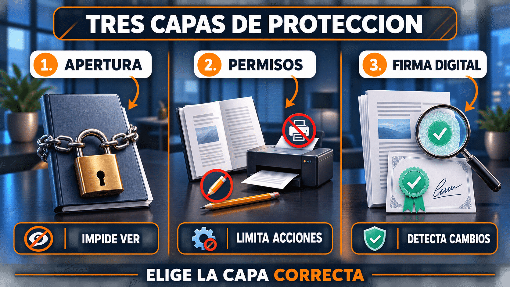 Comparación entre contraseña de apertura, permisos y firma digital en un PDF