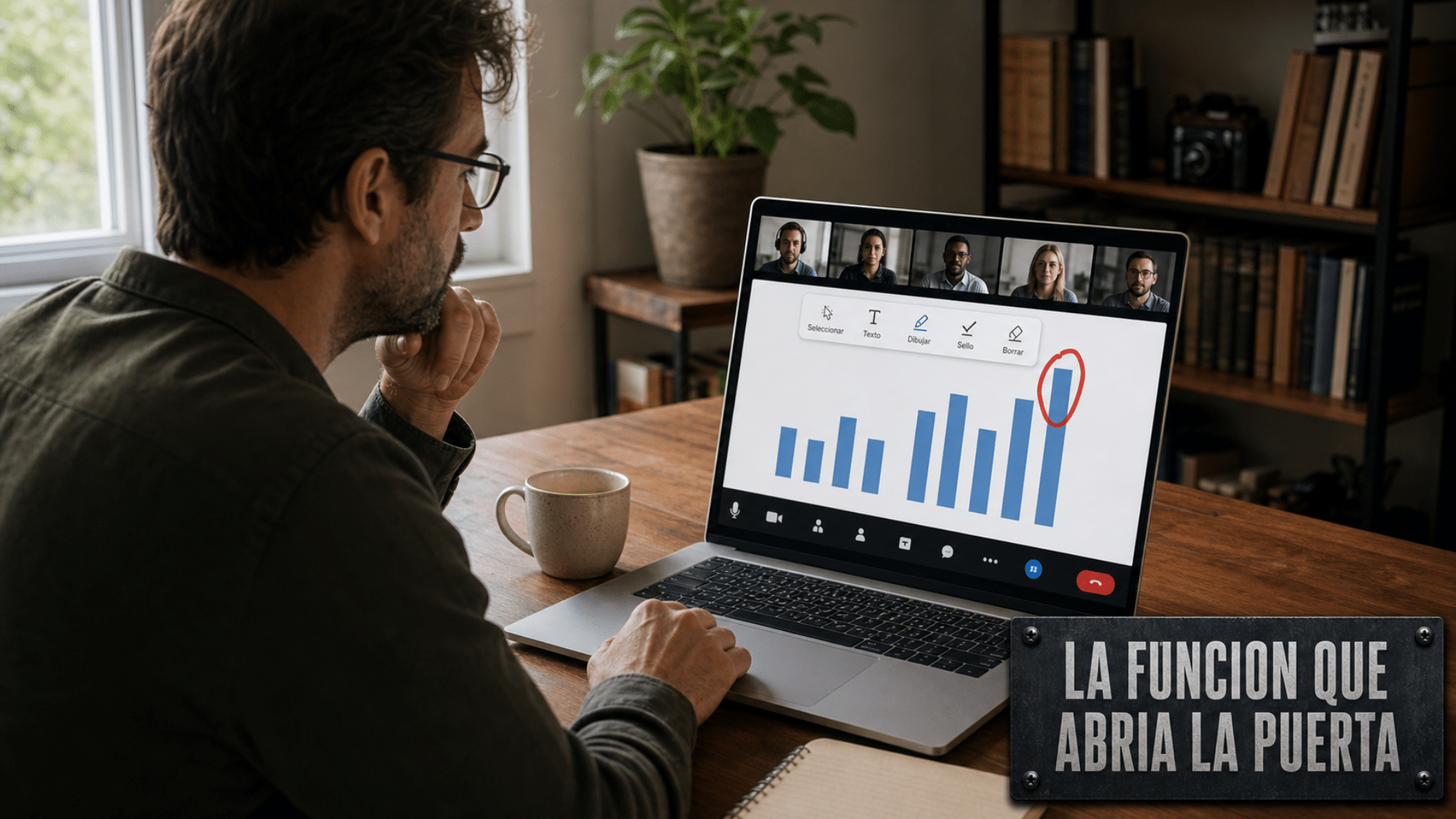 Persona en una videollamada de trabajo con la barra de anotación abierta sobre la pantalla compartida