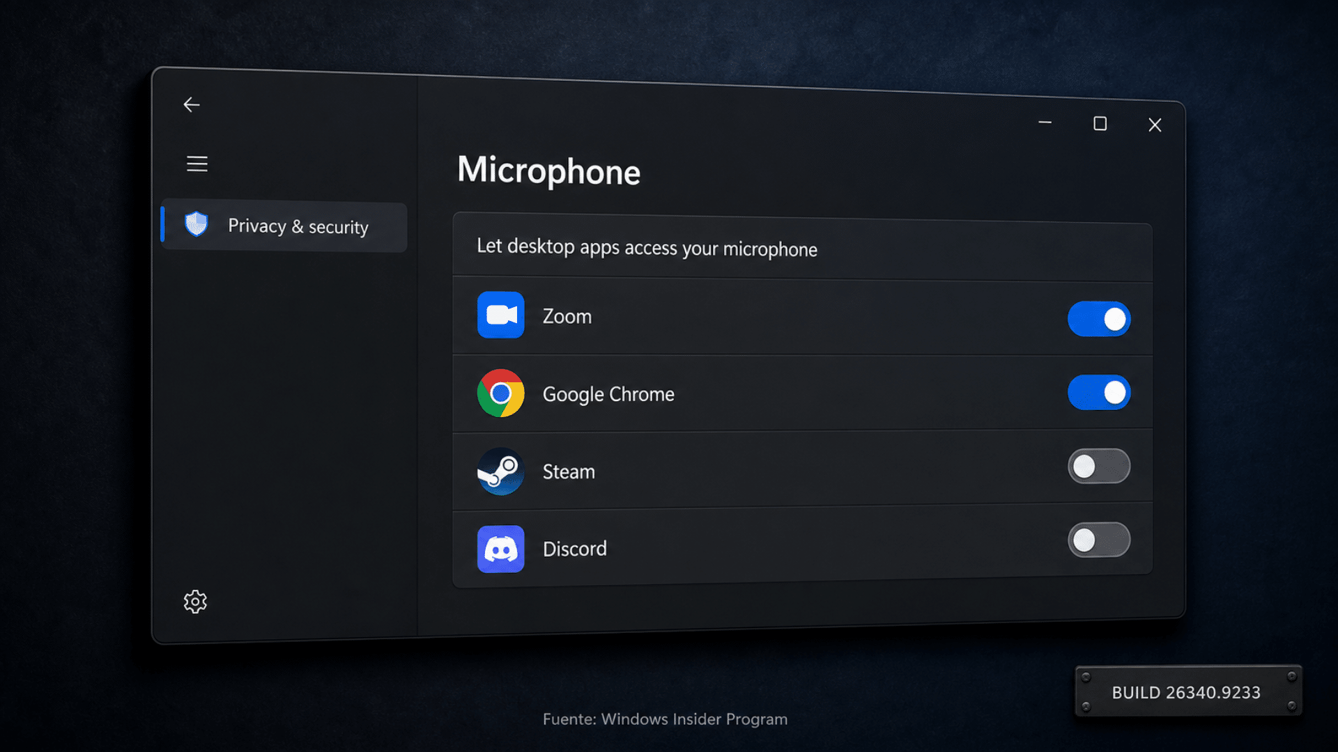 Permisos por app en Windows 11: la pantalla de Configuración con el listado de aplicaciones de escritorio y sus interruptores de micrófono