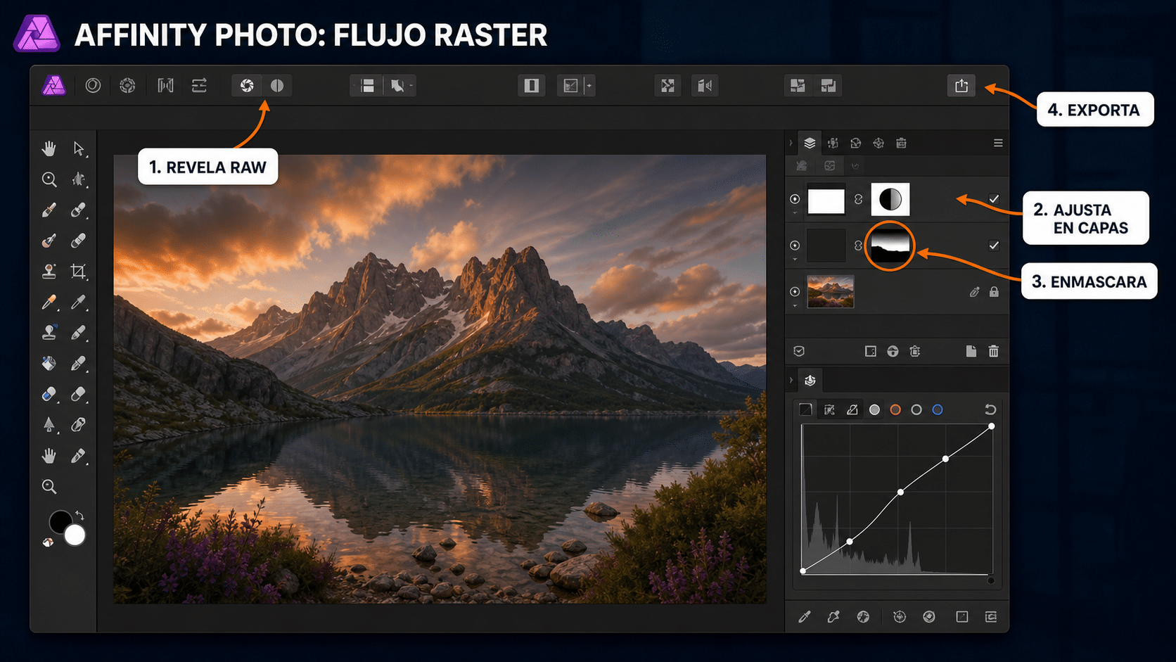Flujo de Affinity Photo 1.10 con revelado RAW, capas, máscaras y exportación