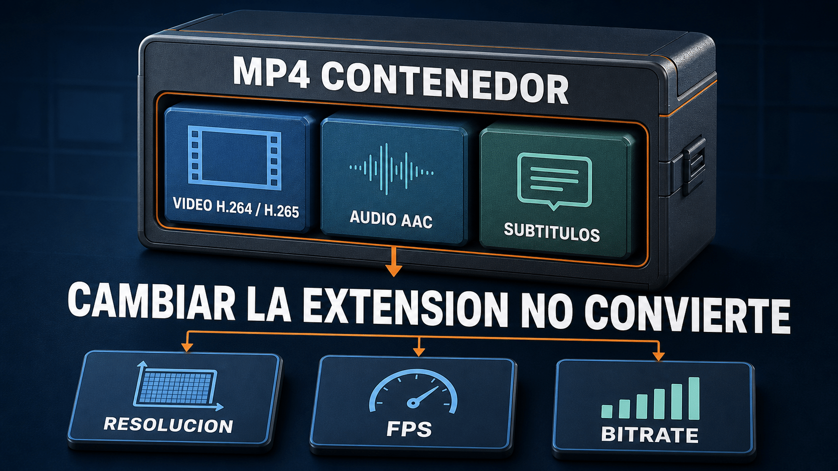 Infografía que diferencia contenedor MP4, códec de video, audio, resolución, FPS y bitrate