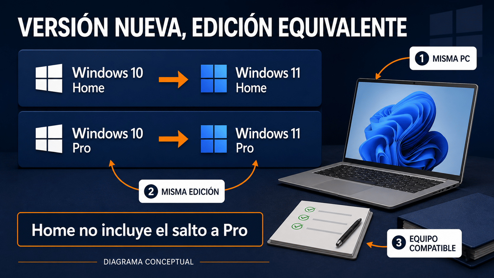 Equivalencia de Windows 10 Home a Windows 11 Home y de Pro a Pro