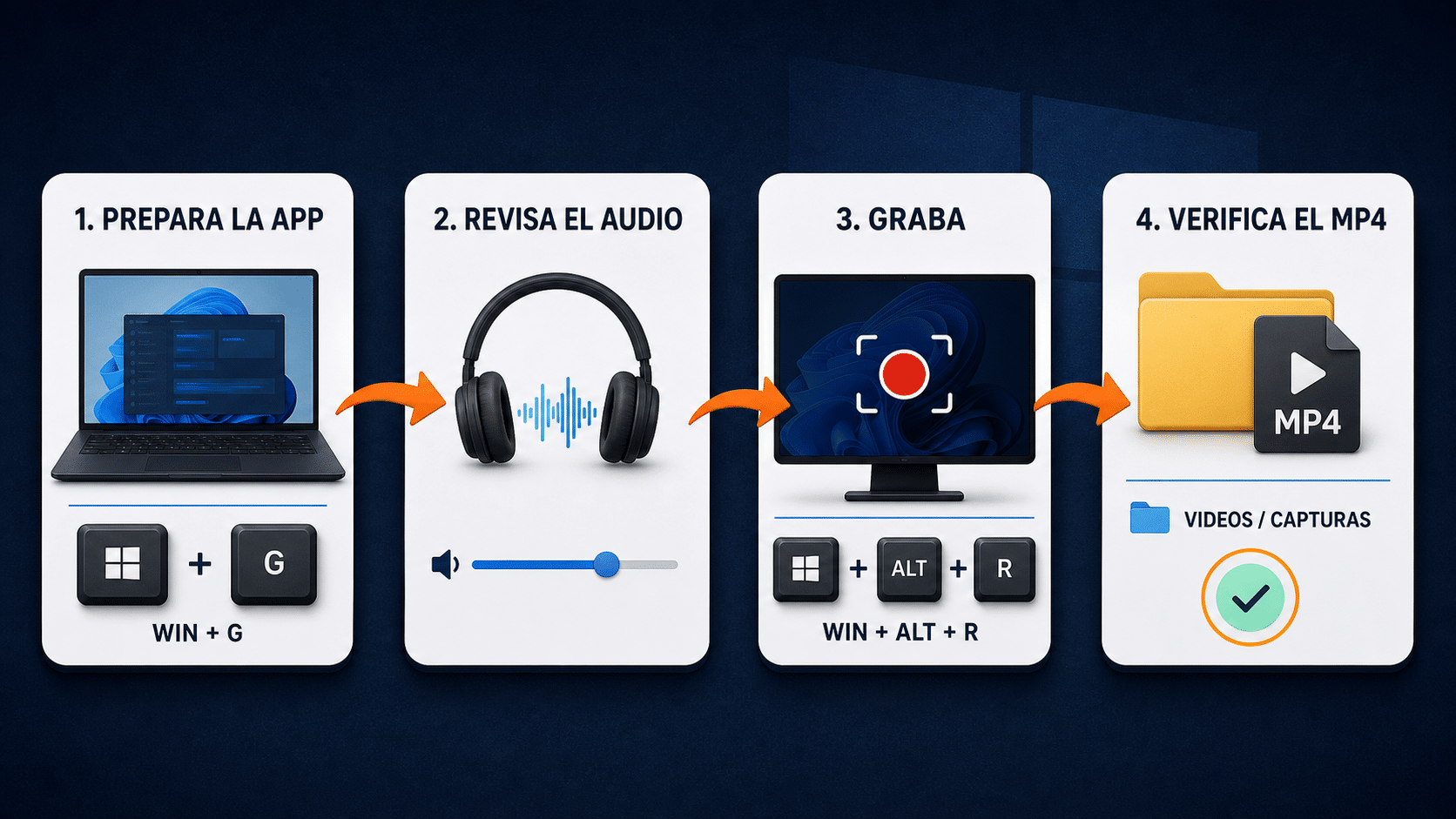 Flujo oficial para preparar, iniciar, controlar y verificar una grabación con Xbox Game Bar